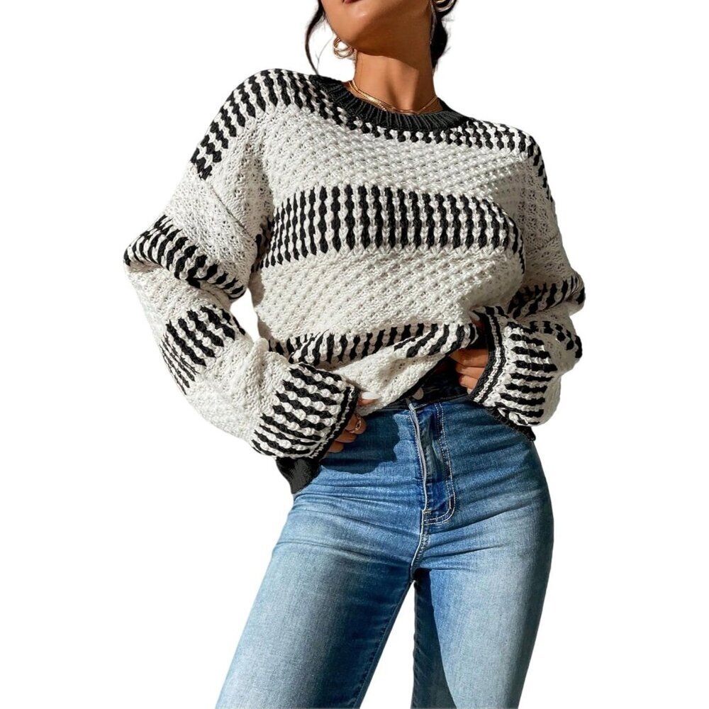 Striped Women's Pullover Sweater Chunky Knit Crew Neck Long Sleeve